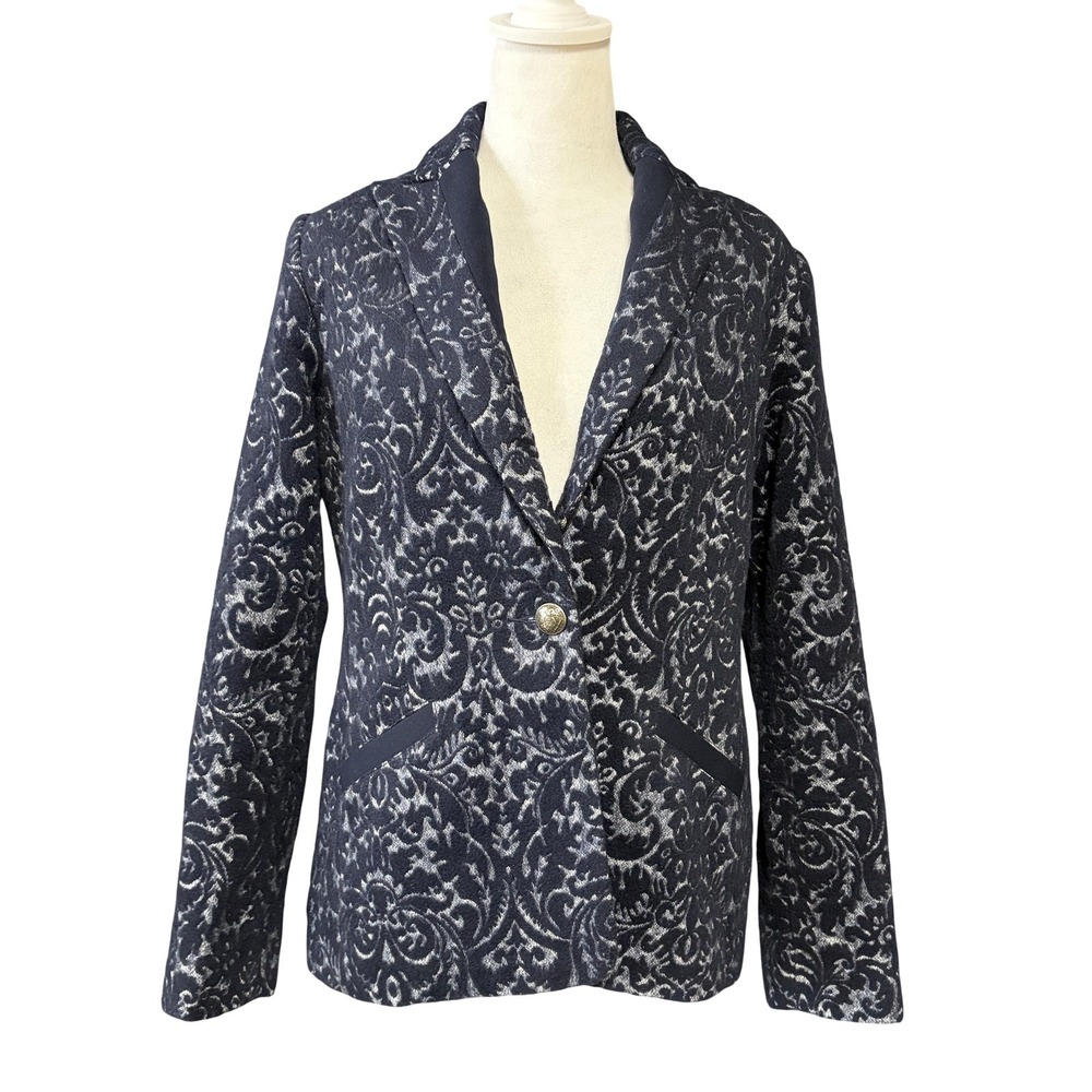 Cabi‎ Blazer Womens 4 Navy Blue Jacquard Wool Blend One Button Damask Jacket